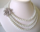 Three Strand Large Rhinestone Flower Pendant with White Pearls Beaded Necklace Set   Great for the Bride