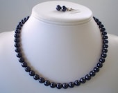Single Strand Navy Blue Swarovski Pearl Beaded Necklace and Earring Set    Great Brides or Bridesmaid Gifts