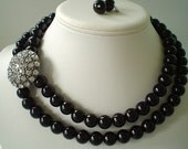 Two Strand Chunky Black Glass Pearl with Large Rhinestone Brooch Beaded Necklace Set     Great for Bridesmaid Gifts