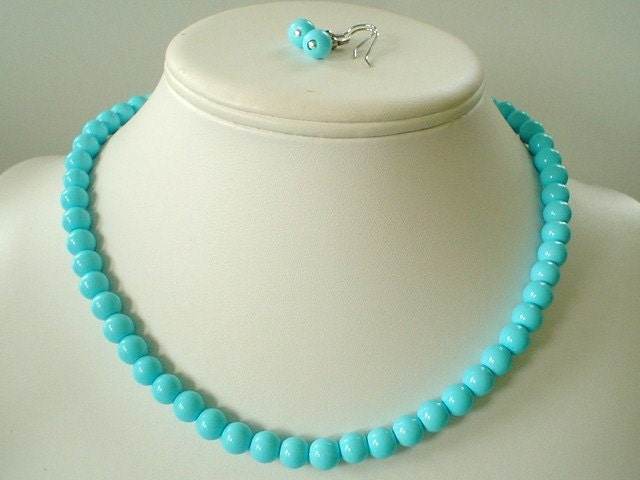 Single Strand Turquoise Blue Pearl Beaded Necklace and Earring Set    Great Brides or Bridesmaid Gifts