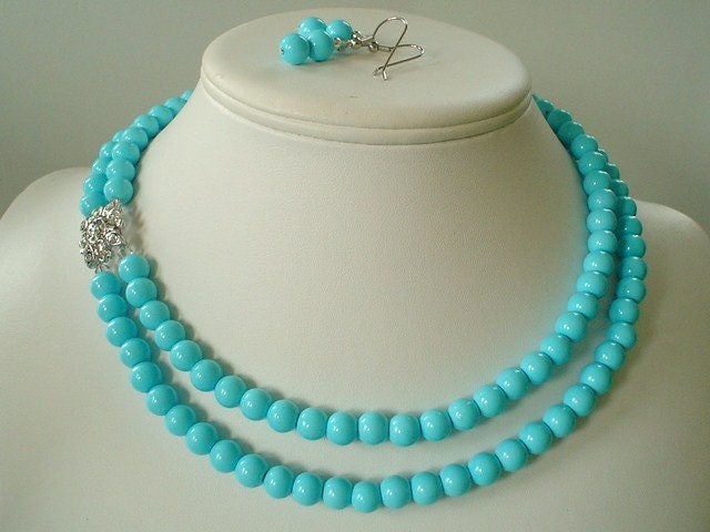 Two Strand Turquoise Blue Pearl with Square Rhinestone Pendant Beaded Necklace and Earring Set    Great Brides or Bridesmaid Gifts