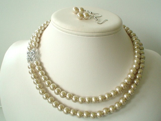 Two Strand Champagne Pearl with Square Rhinestone Pendant Beaded Necklace and Earring Set    Great Bridesmaid Gifts