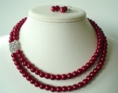 Two Strand Dark Red  Pearl with Rhinestone Square Pendant Beaded Necklace and Earring Set    Great Brides or Bridesmaid Gifts