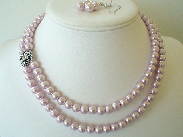 Sale ONLY One LEFT  Two Strand Lilac Purple Pearl with NEW Rhinestone Pendant Beaded Necklace and Earring Set