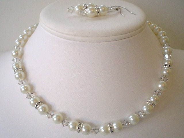 Single Strand Ivory Pearl Swarovski and Rhinestone Beaded Necklace and Earring Set Great Brides or Bridesmaid Gifts