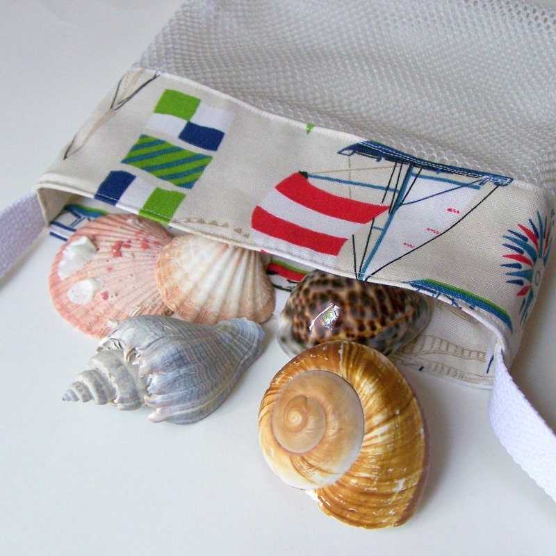 Mesh Beach Bag - Nautical Sailboats - Shell Collecting Bag