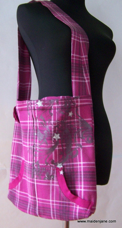 Shoulder Tote - Unique Upcycled Sweatshirt - Purple Pink Plaid