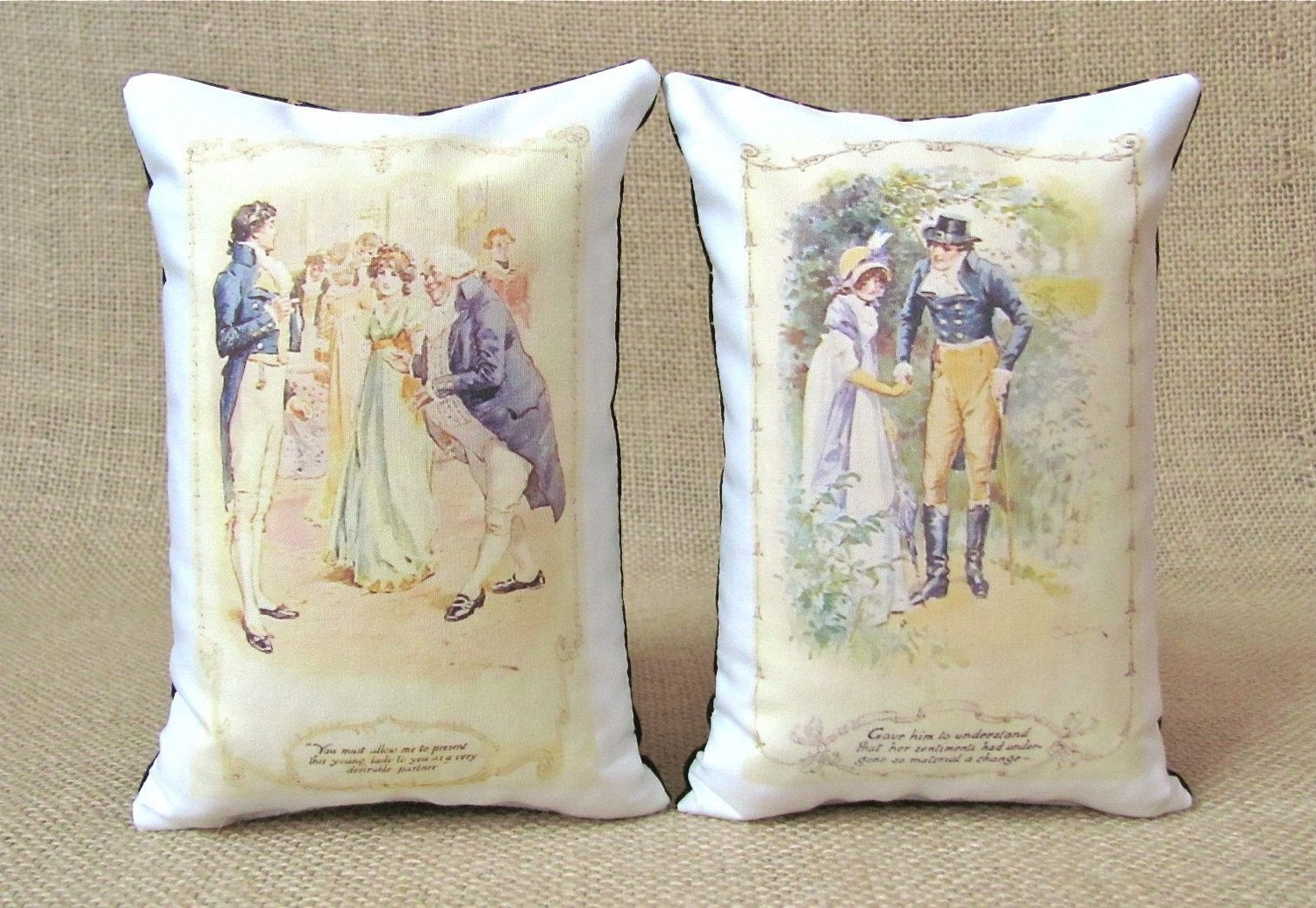 Jane Austen Pride and Prejudice Illustration Bookends - Shelf Pillows - Elizabeth and Darcy