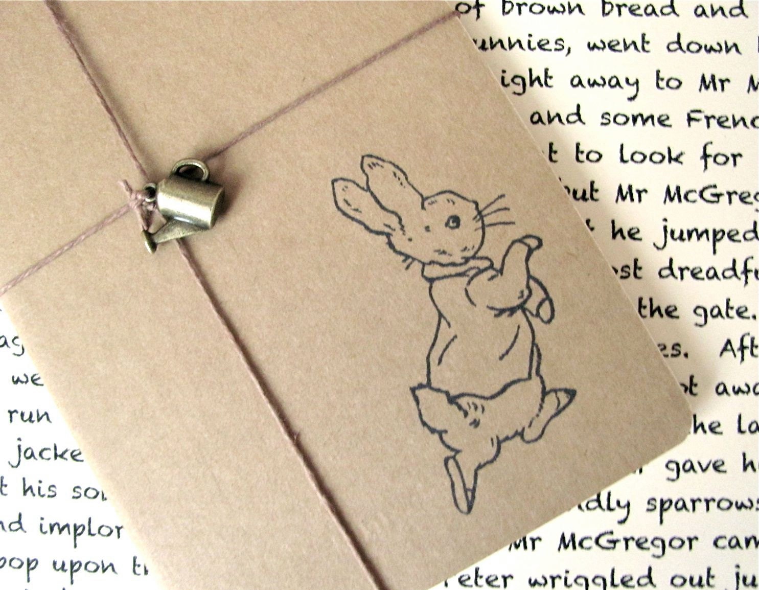 Peter Rabbit - Beatrix Potter - Hand Stamped Small Moleskine Notebook with Watering Can Charm - Design A