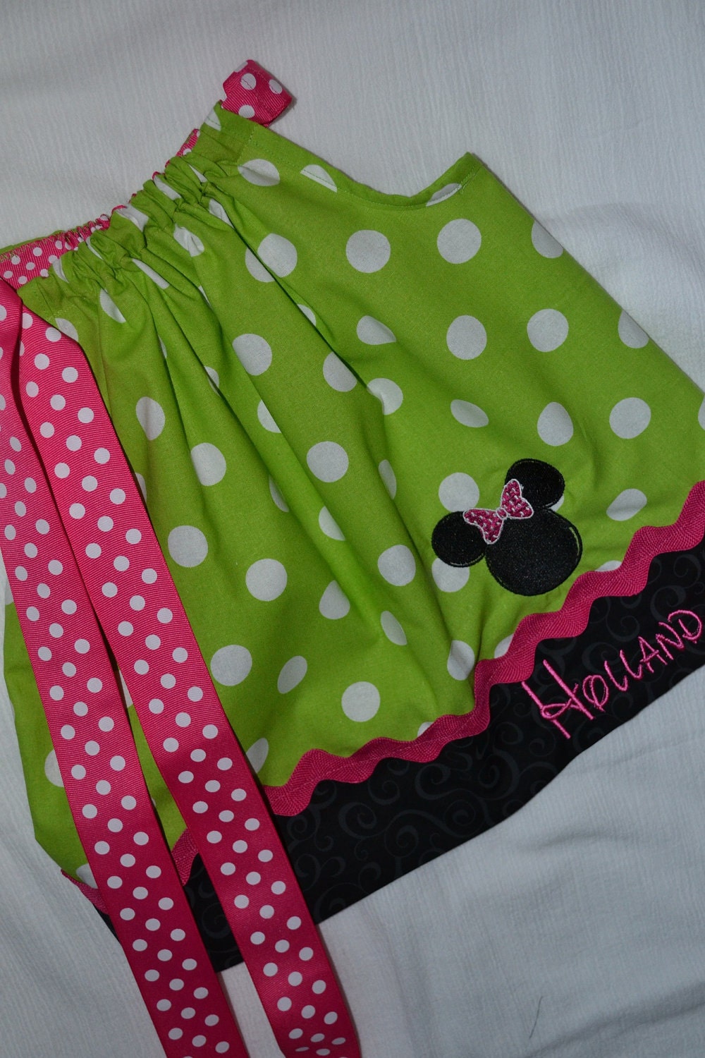 Lime Minnie Mouse Pillowcase Dress trimmed in hot pink Disney Vacation Birthday Party outfit