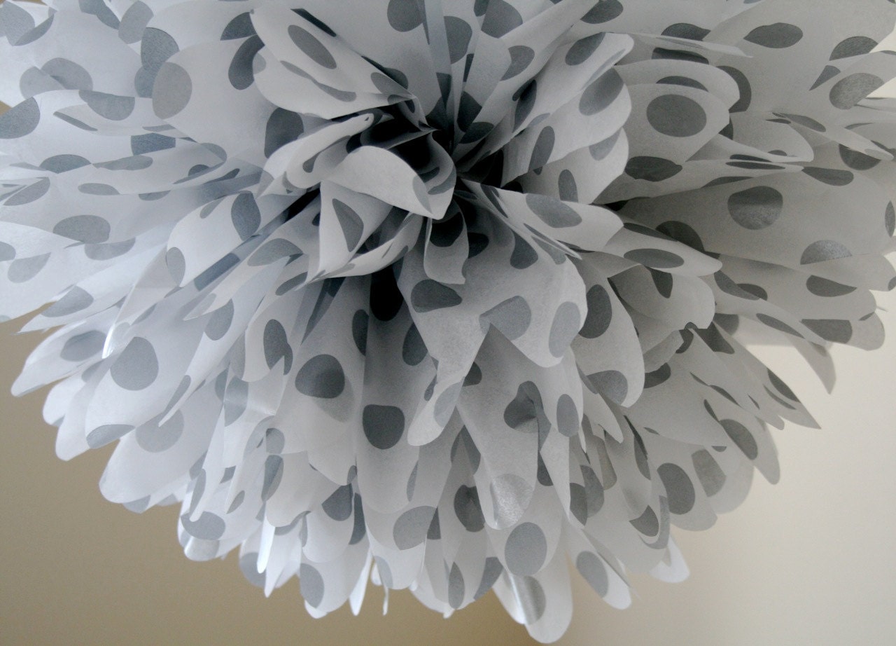 Silver Polka Dot ...  1 tissue paper pom // wedding reception // birthday // nursery // party decorations
