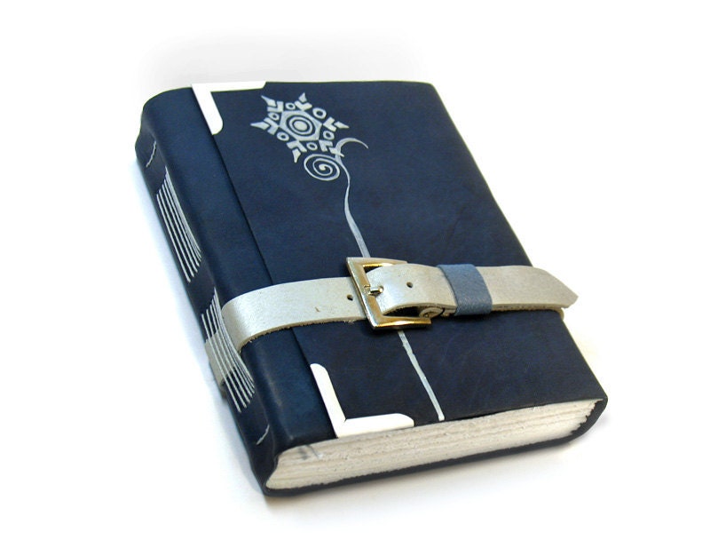 Journal - Blue Leather Handmade Journal - Night Bloom