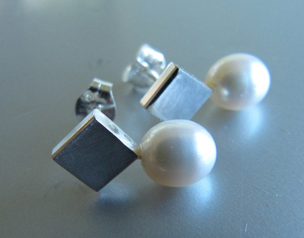 Everyday Post Earrings of Solid Sterling Silver and White Pearls