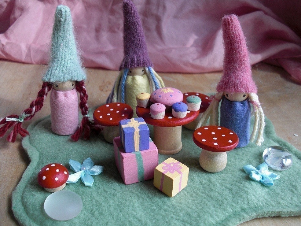 Waldorf Gnome Birthday Party Play Set Wood and Wool