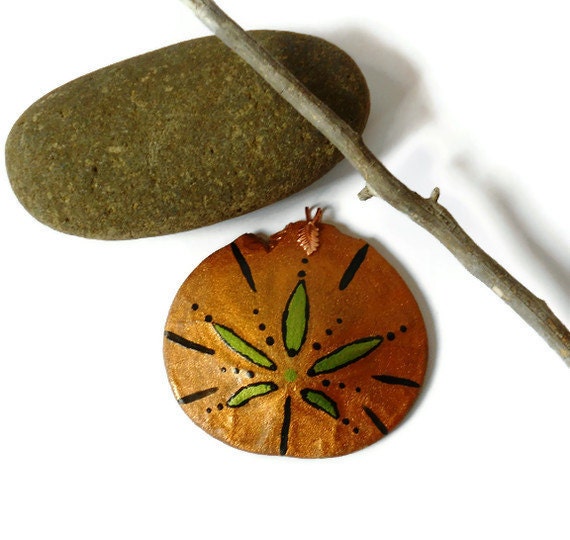 Painted sand dollar pendant copper green black