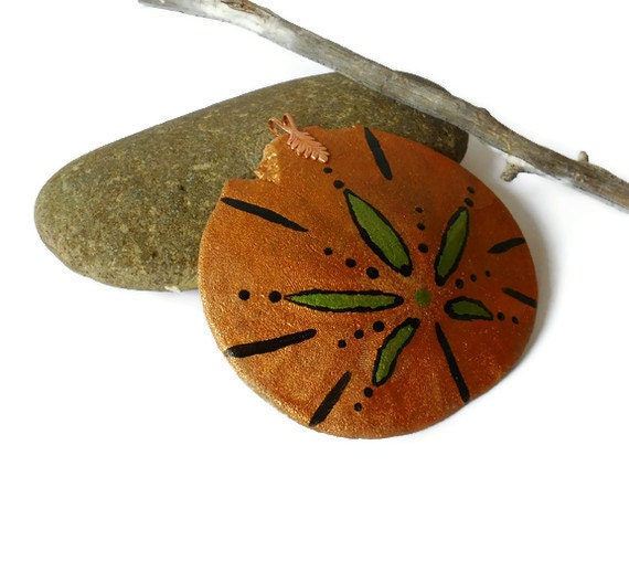 Painted sand dollar pendant copper green black