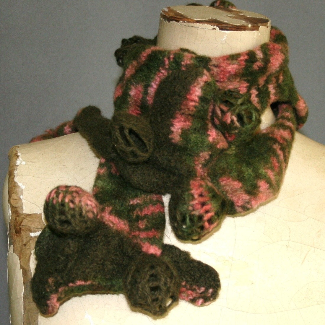 Shibori style scarf-moss green and rose