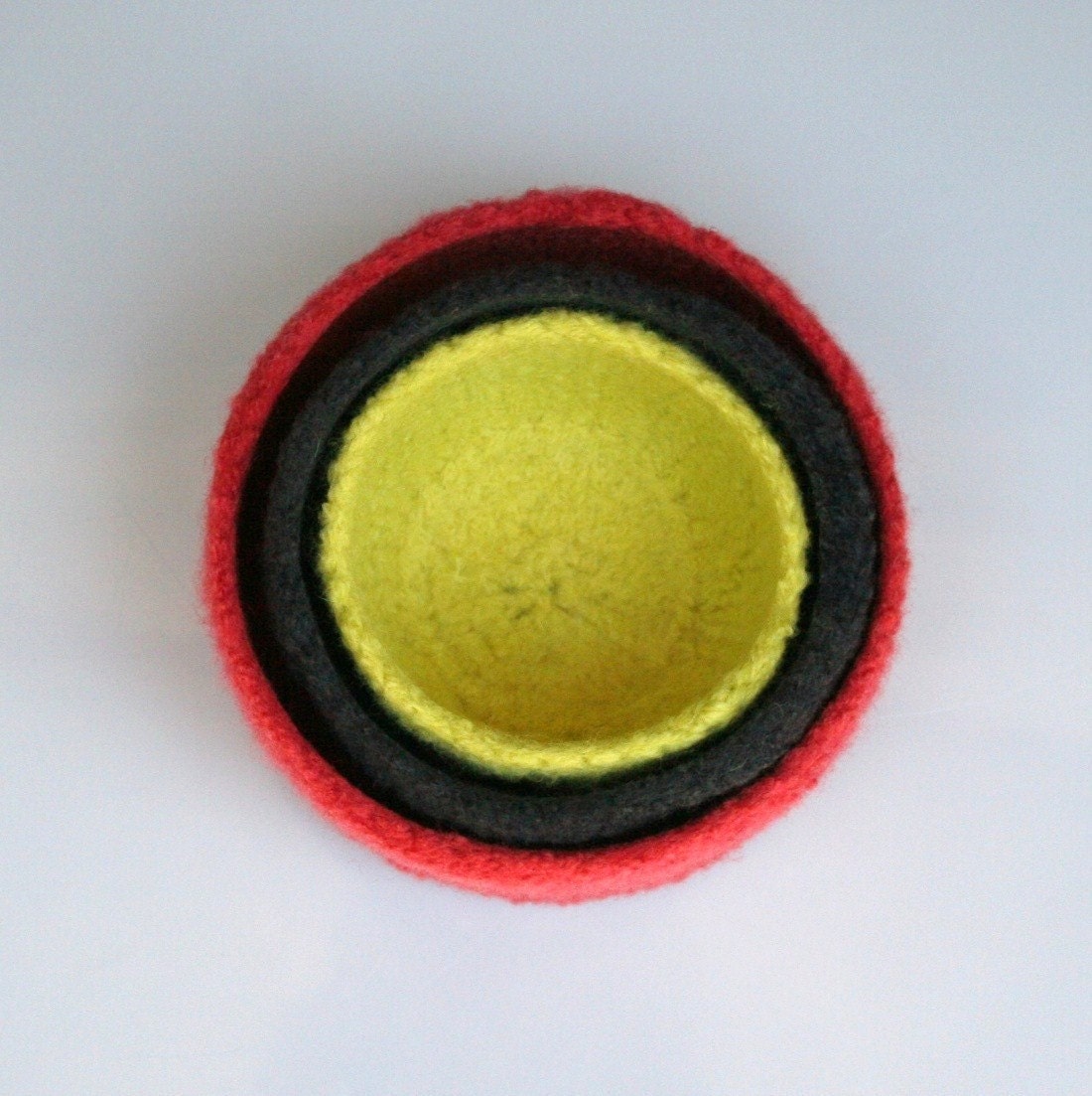 Felted wool nesting bowls  -deep coral, dark slate and chartreuse