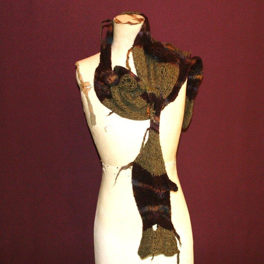Shibori style scarf -moss green and aubergine