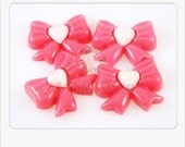 Pink Bow with Heart Cabochons Deco - 6 pcs