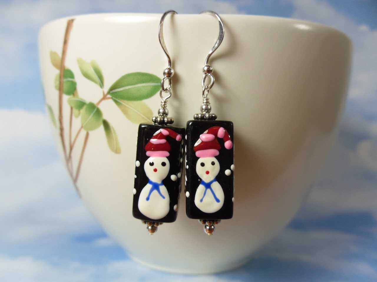 Earrings - snowmen and snowflakes on black glass beads with silver accents - lovely for the holidays and christmas