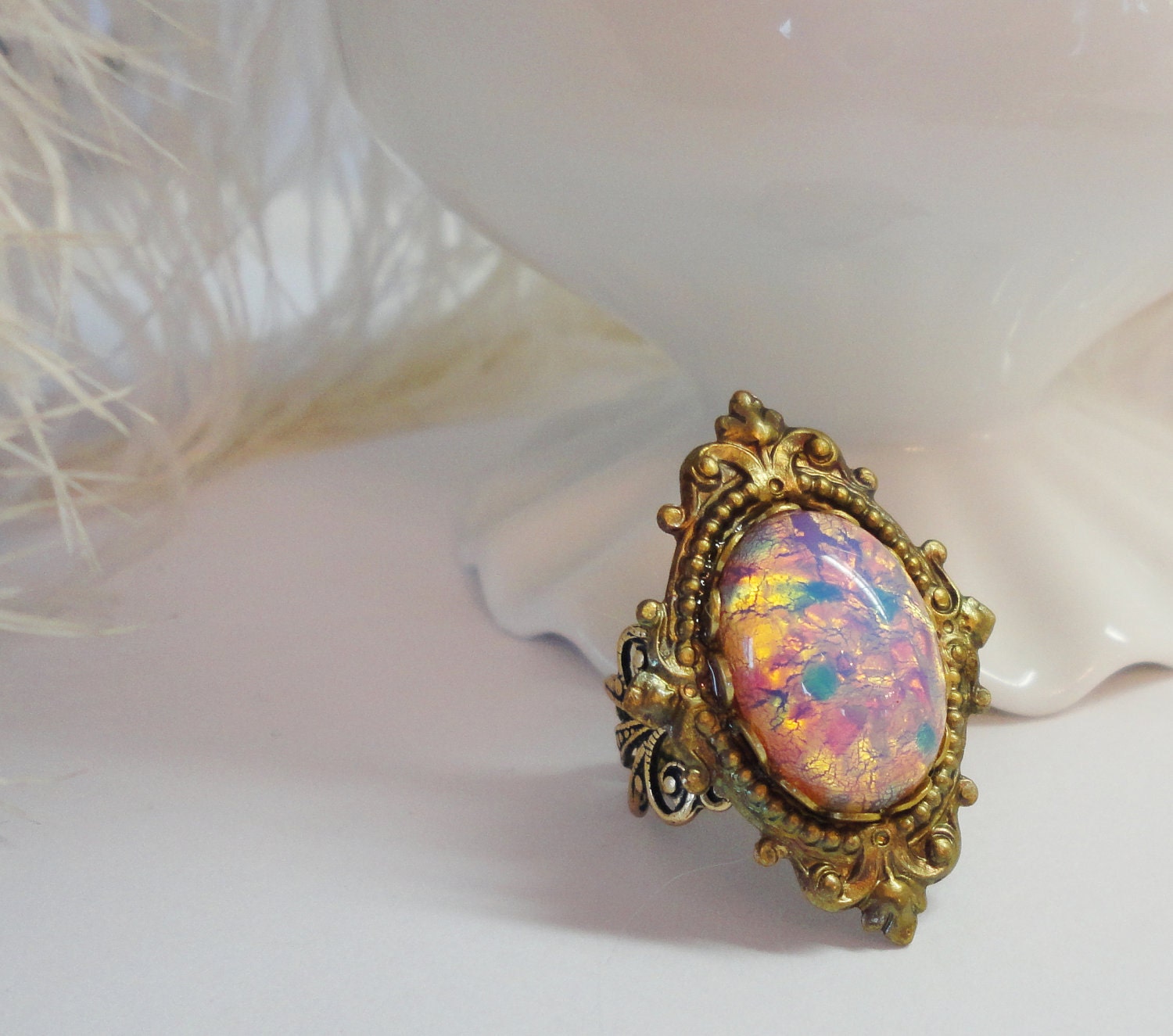 Ring Opal Gothic Pink Fire Opal Cameo Antiqued Brass Retro Old Hollywood Vintage Brass Filigree French Victorian Style