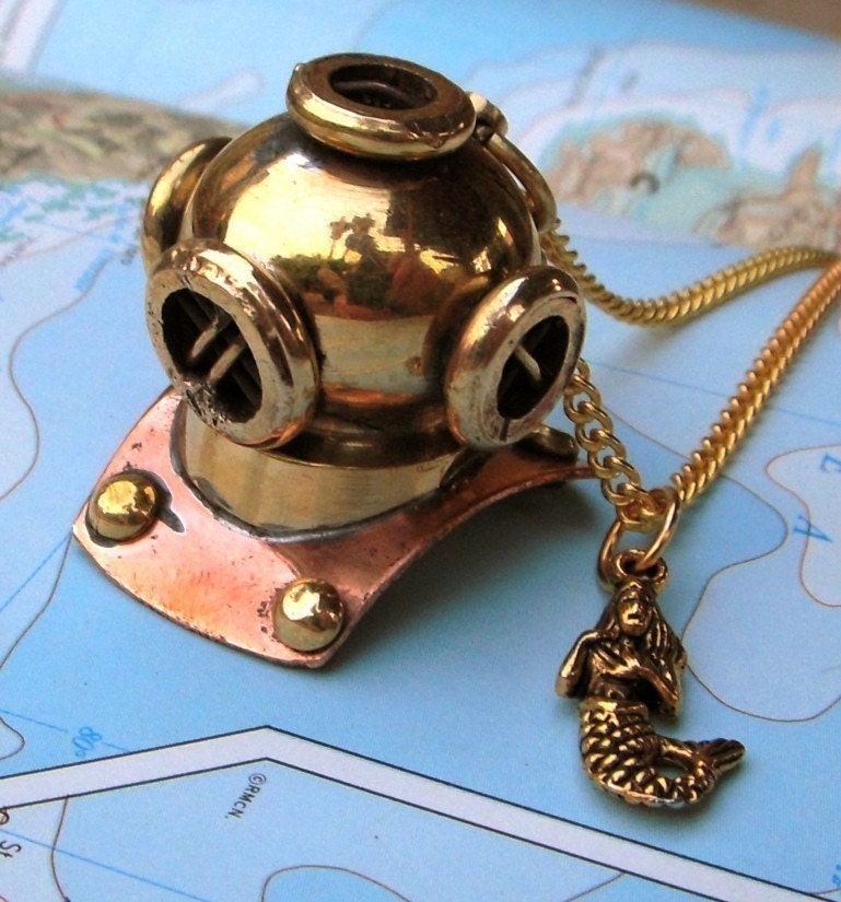 Nautical Steampunk Necklace Brass Diving Bell Helmet & Mermaid Pendant Jewelry Vintage Inspired Rustic Finish Scuba Diver Mask
