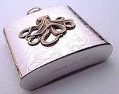 Hip Flask Octopus Nautical Steampunk Stainless Steel With Raised Brass Octopus Victorian Design Mixed Metals Holds 6 oz