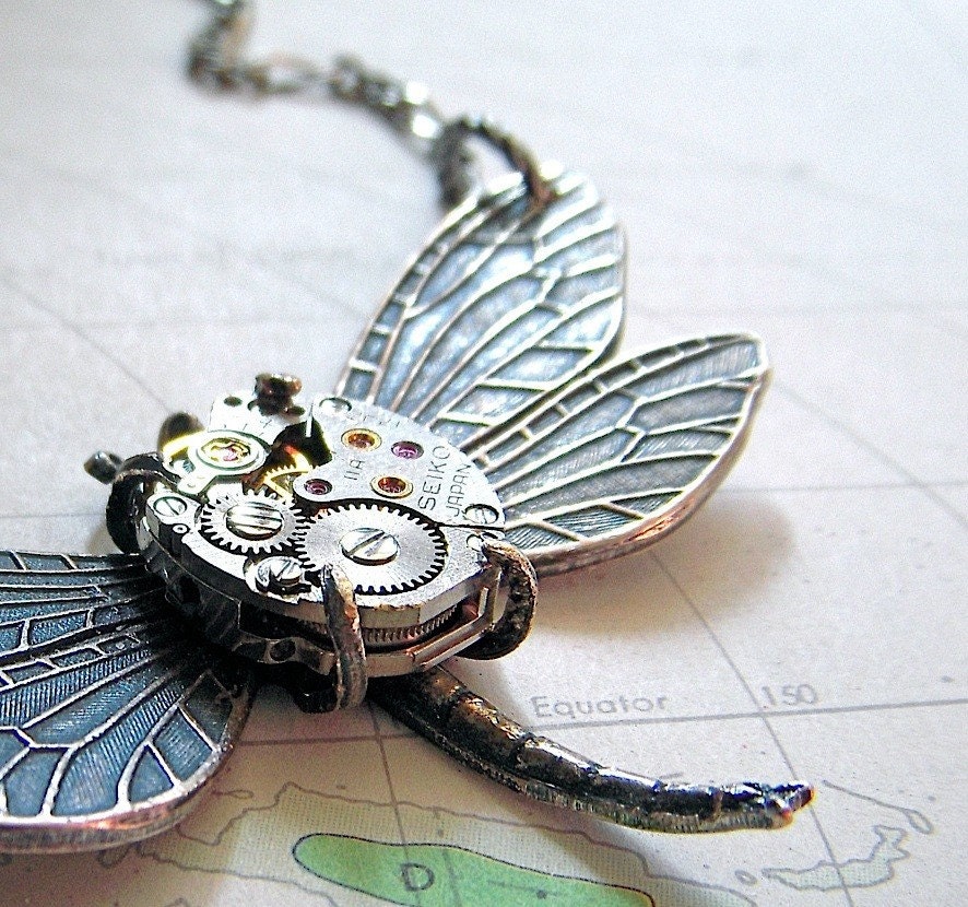 Steampunk Necklace Silver Plated Victorian Dragonfly Necklace Tiny Vintage Watch Movement Art Nouveau Antiqued Rustic Finish