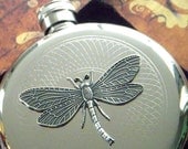 Silver Victorian Dragonfly Flask Art Nouveau Round Vintage Inspired Stainless Steel Silver Plated Metal Pocket Size