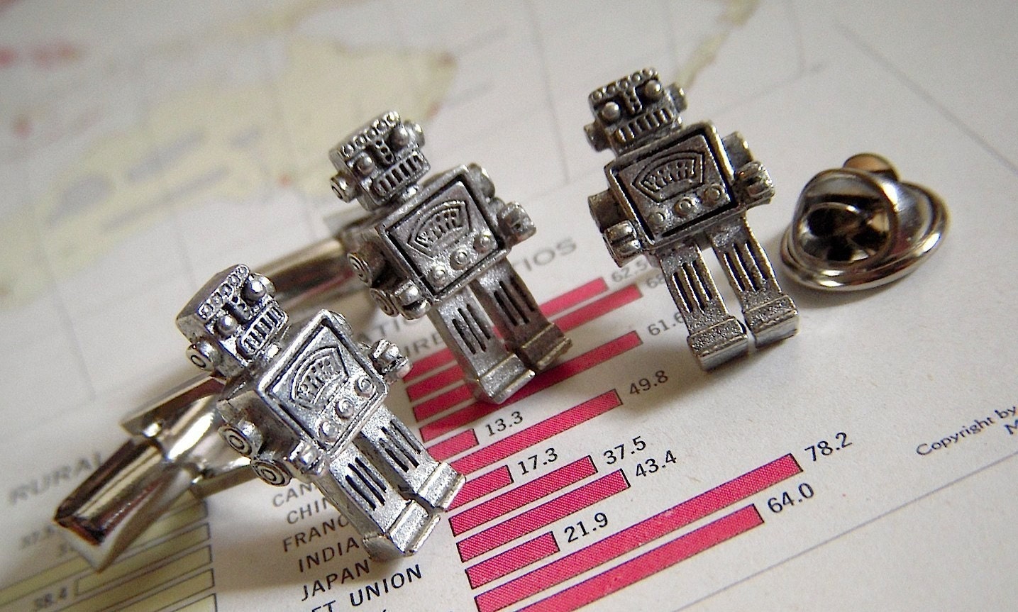 Steampunk Robot Cufflinks & Tie Tack Pin SET of 3 Silver Plated Metal Toy Miniatures - Originally Designed By Cosmic Firefly Las Vegas