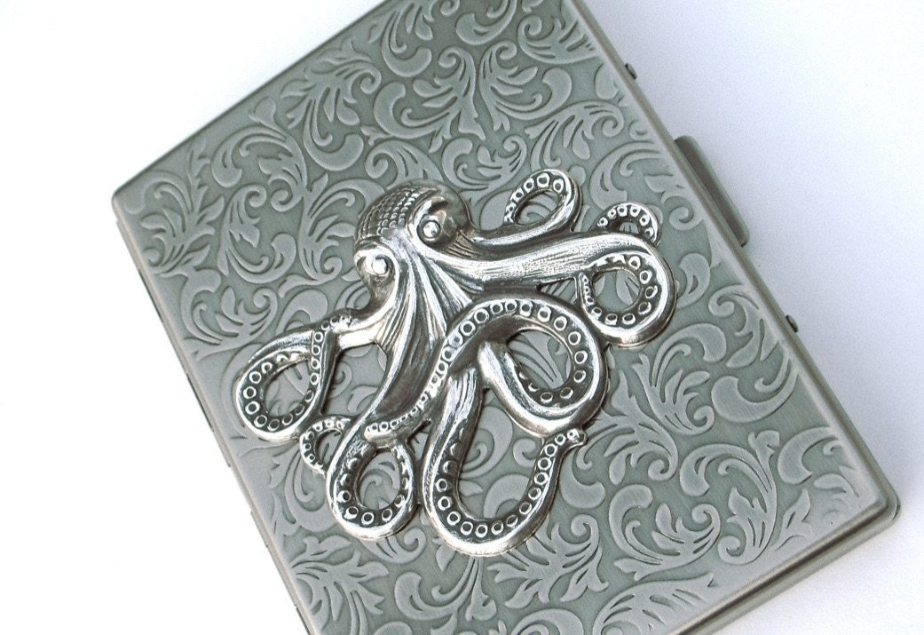 Octopus Cigarette Case Antiqued Silver Metal Nautical Steampunk Large Slim Gothic Victorian Art Nouveau Pirate Accessories