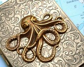 Cigarette Case Brass Octopus Nautical Steampunk Style Gothic Victorian Antiqued Gold Rustic Brass Finish Vintage Inspired Slim Metal Case
