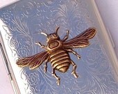 Bee Cigarette Case Vintage Inspired Gothic Victorian Steampunk Silver Plated Holder & Rustic Brass Bee Small Double Sided Case
