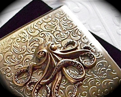 Big Octopus Cigarette Case Antiqued Gold Brass Vintage Inspired Style Large Metal Case Nautical Gothic Victorian Steampunk Accessories