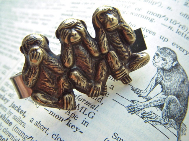Men's Tie Bar Clip Brass Monkeys Vintage Inspired Gothic Victorian Speak See Hear No Evil Popular Steampunk Style Gifts & Accessories