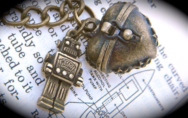 Steampunk Robot Charm Bracelet Heart Locket Antiqued Brass Rustic Bronze FInish Fashion Jewelry