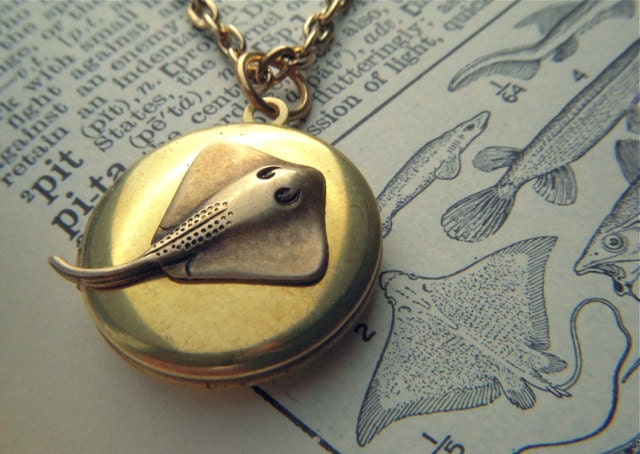 Tiny Vintage Locket Necklace Bat Ray Fish Small Round Antiqued Brass Rustic Primitive Finish Small Size