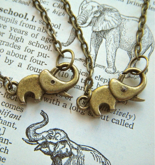 Tiny Elephant Necklace & Elephant Bracelet Set Of 2 Antiqued Brass Bronze Rustic Finish Fashion Jewelry Clasp Trunk Up For Good Luck