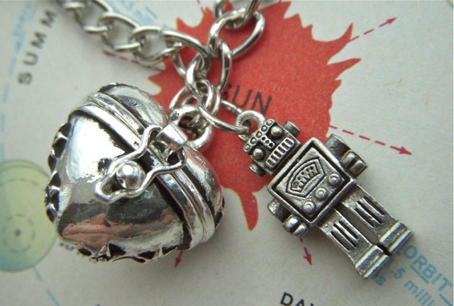 Steampunk Robot Charm Bracelet Heart Locket Antiqued Silver Plated Rustic Finish Fashion Jewelry By Cosmic Firefly