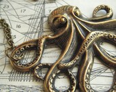 Brass Octopus Necklace Long Length Rolo Chain Large Size Rustic Finish Gothic Victorian Nautical Steampunk Style Vintage Inspired