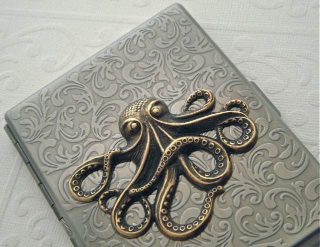 Big Octopus Cigarette Case Brass Octopus On Antiqued Silver Nautical Steampunk Gothic Victorian Vintage Inspired Style Mixed Metals