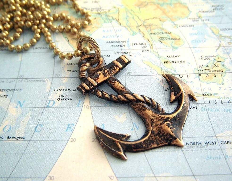 Big Anchor Pendant Necklace - Vintage Nautical Design Antiqued Brass Sailing Ship Anchor and Long Chain