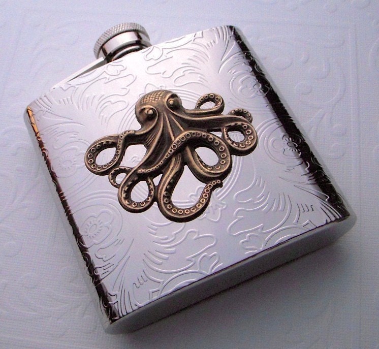 Octopus Flask Stainless Steel with Raised Brass Octopus Victorian Design Embellishment - Holds 6 oz - ULTIMATE Nautical STEAMPUNK Accessories - EXCLUSIVE Original Design From Cosmic Firefly