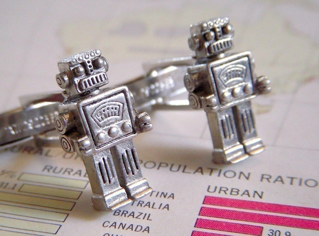 Robot CUFFLINKS Silver Plated Metal Miniatures - Science Fiction Steampunk Cuff Links - Cosmic Firefly ORIGINAL DESIGN
