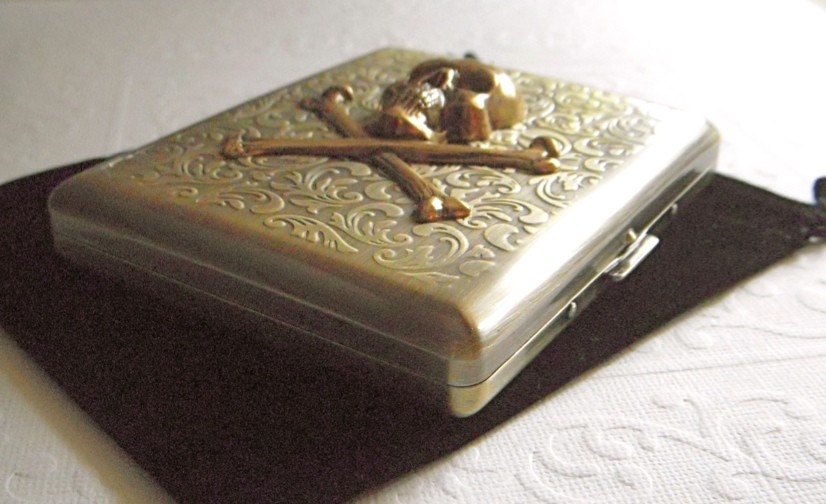 Big Skull Cigarette Case Skull & Crossbones Vintage Inspired Antiqued Rustic Brass Gothic Victorian Steampunk Style Skull Case