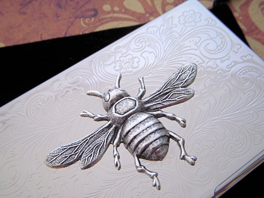 Silver Bee Case Silver Plated Victorian Style Slim Size Vintage Inspired Business Card Case Holder Steampunk Accessories