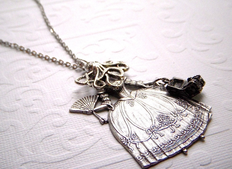 Steampunk Necklace Octopus Girl Gothic Victorian Antiqued Silver Original Vintage Inspired Assemblage Jewelry Design By Cosmic Firefly