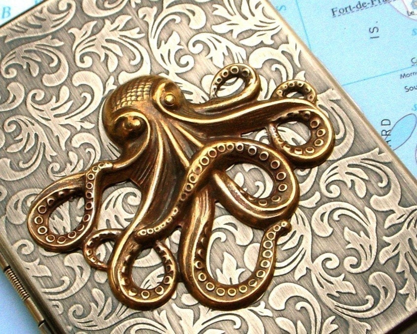 Cigarette Case Brass Octopus Nautical Steampunk Style Gothic Victorian Antiqued Gold Rustic Brass Finish Vintage Inspired Slim Metal Case