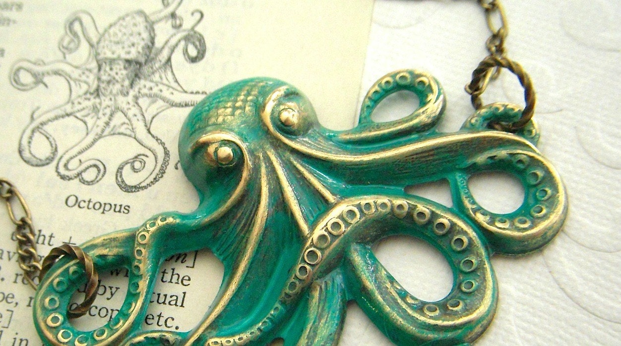 Green Octopus Necklace Jewelry Vintage Inspired Rustic Primitive Brass Nautical Victorian Steampunk Style Large Lightweight Gothic Victorian
